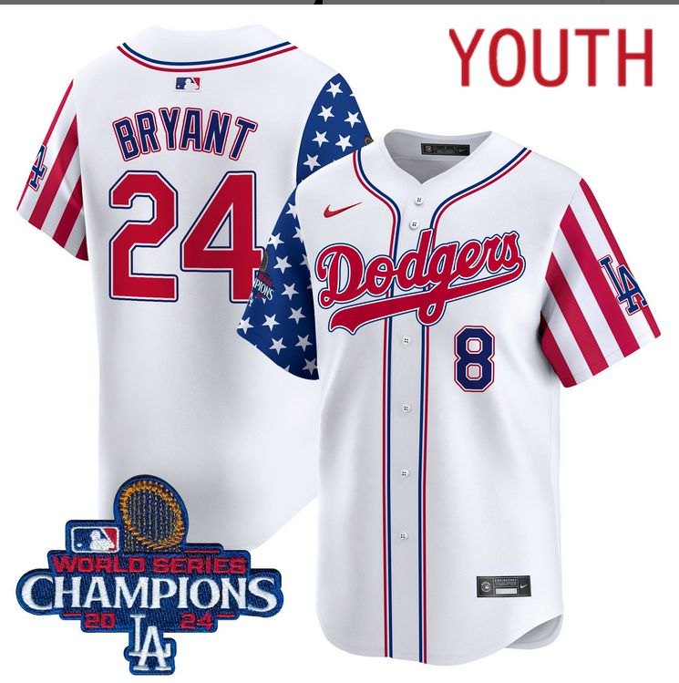 Youth MLB Los Angeles Dodgers #24 Bryant American Style white 2024 World Series Champions  Limited Jersey